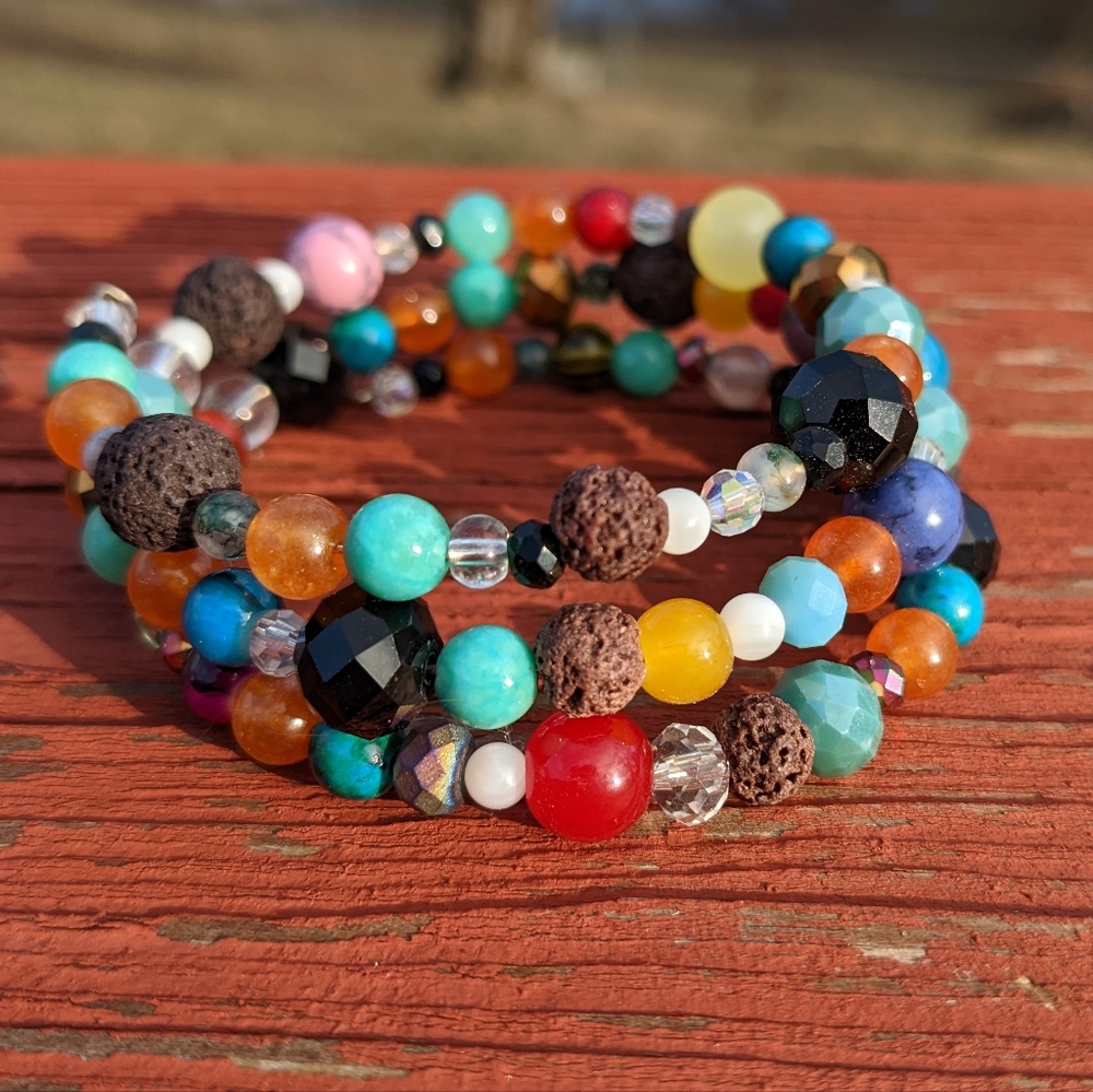 NEW LAVA STONE CRYSTALS Bracelet Gemstone Handmade Coil Wrapped Wire Colorful